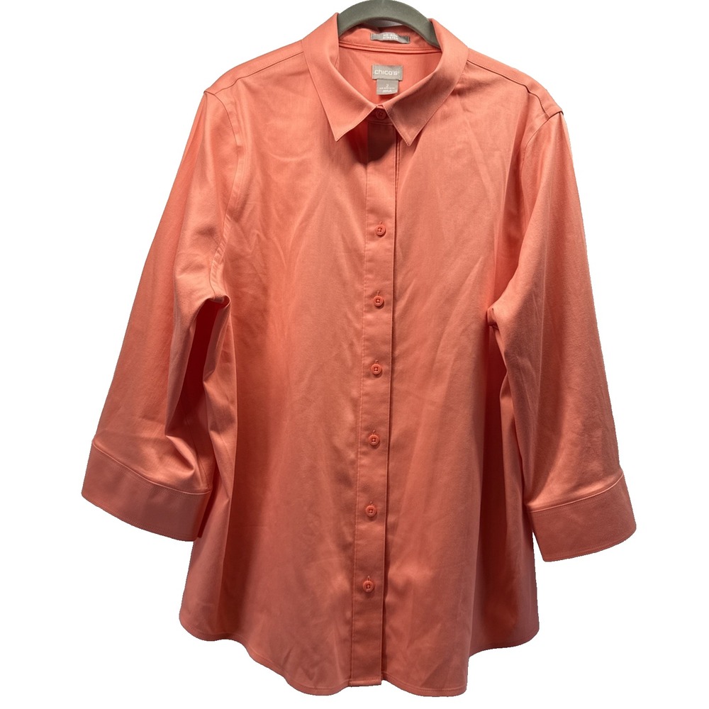 Chicos Women Top Blouse Orange No-Iron Stretch Pleated 3/4 Sleeve Button Up L 2